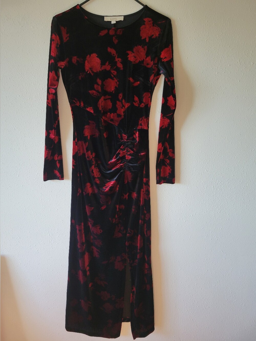 LOFT Black Velvet Long-Sleeve Midi Dress with Red Floral Pattern
